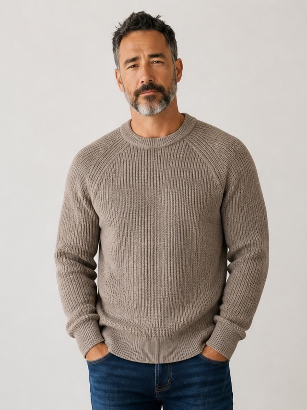 HAYES Men's Ribbed Crewneck Sweater Taupe Cotton Polyester Size Large